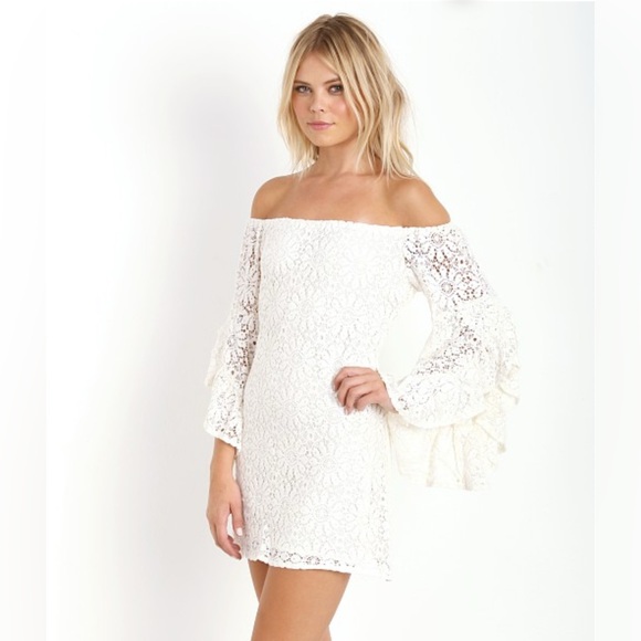 Jen's Pirate Booty Mini Dress French Lace Bardot Natural Size Medium - Picture 7 of 16